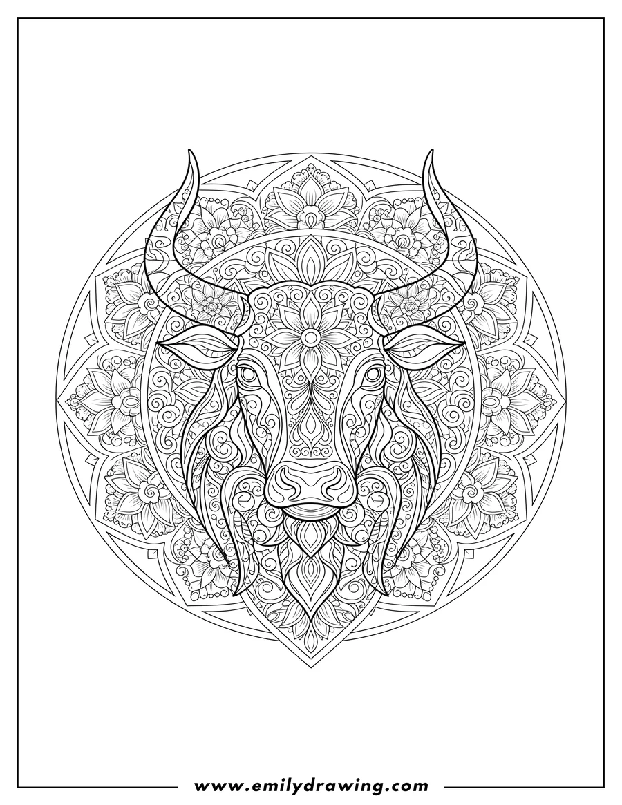 Coloring page of majestic Bull Head Mandala with Intricate Floral Patterns