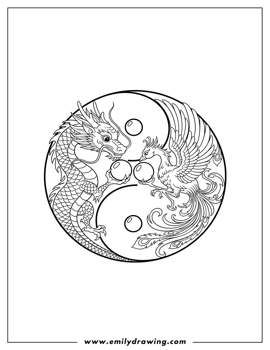 Printable line art of majestic Dragon And Phoenix Yin And Yang, holding pearls