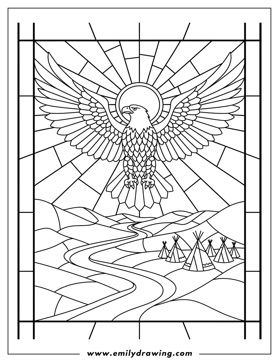 Vector style outline of majestic Eagle With Wings Spread and a radiating sun emblem behind it, over River Valley And Tipi Village Stained Glass