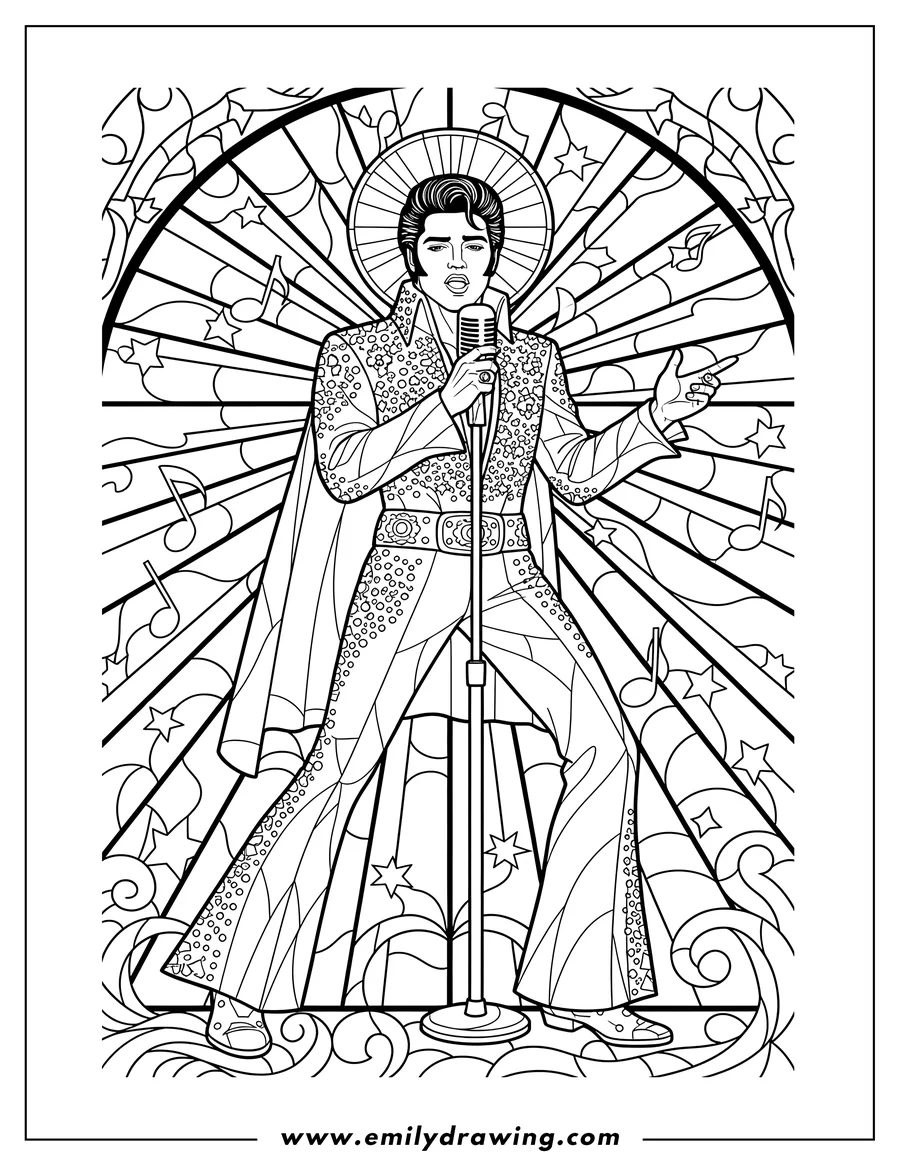 Printable line art of majestic Elvis Presley with a halo, singing into a microphone, and wearing a studded jumpsuit in stained glass style