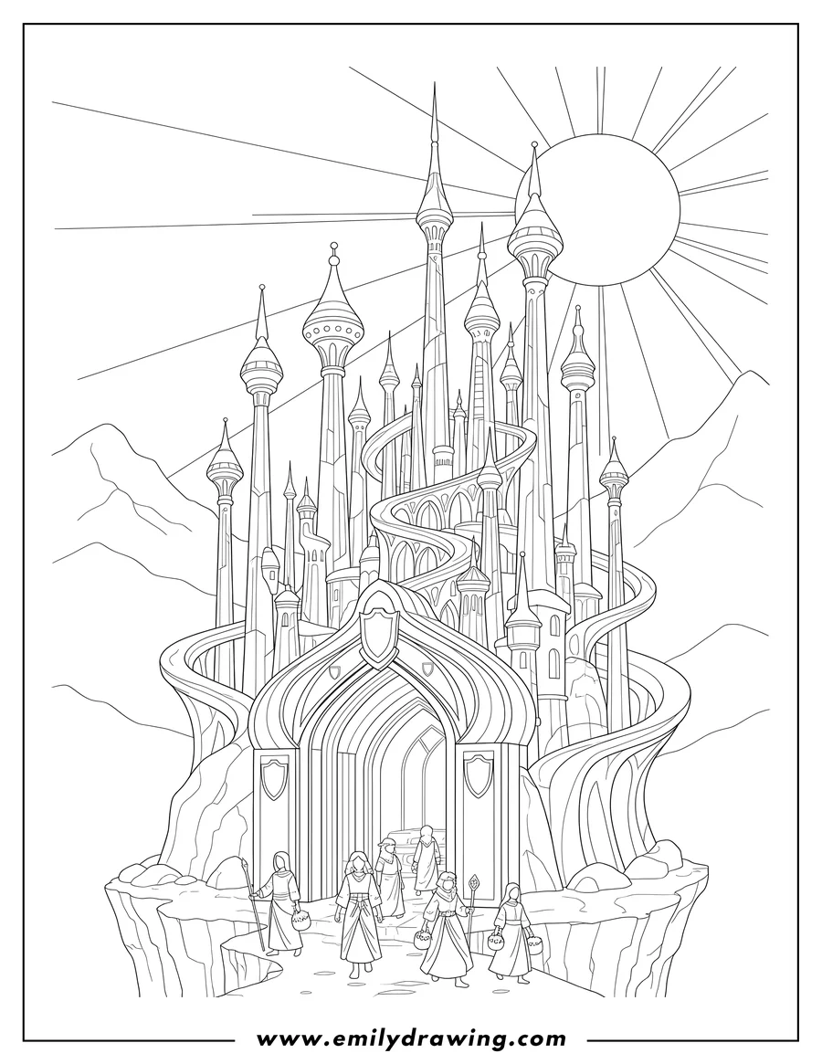 Full page coloring image of majestic Fantasy City with a grand archway, towering spires, and people walking