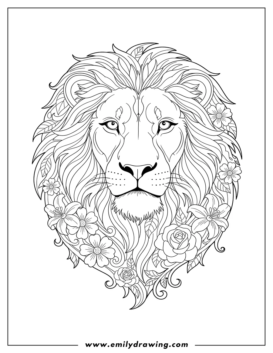 Outline drawing of majestic Lion's head surrounded by flowers and leaves, nature tattoo