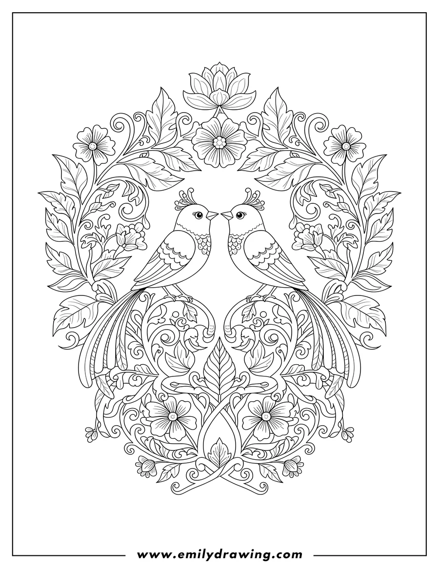 High quality printable majestic Nature With Facing Birds and Floral Vines Pattern for coloring