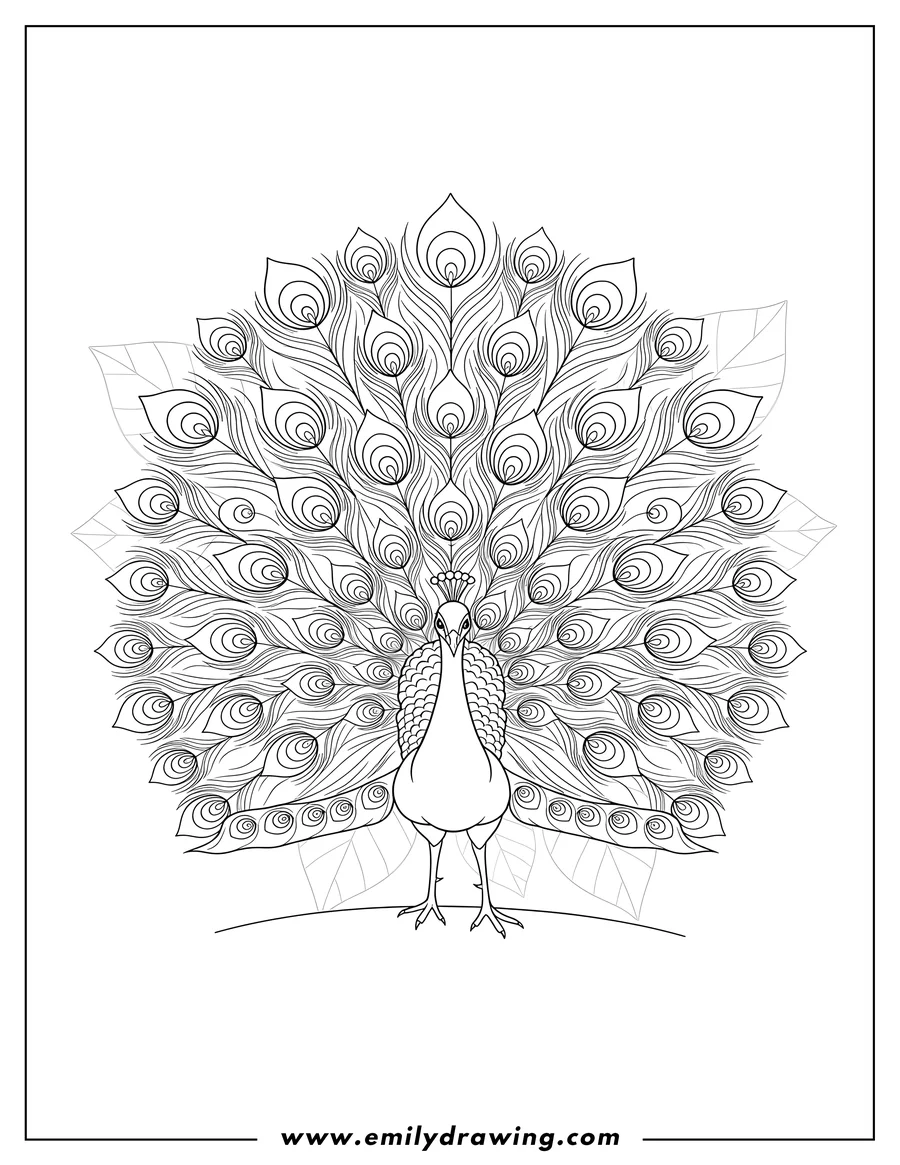 Free printable coloring sheet of majestic Peacock standing, showing its fully fanned tail feathers