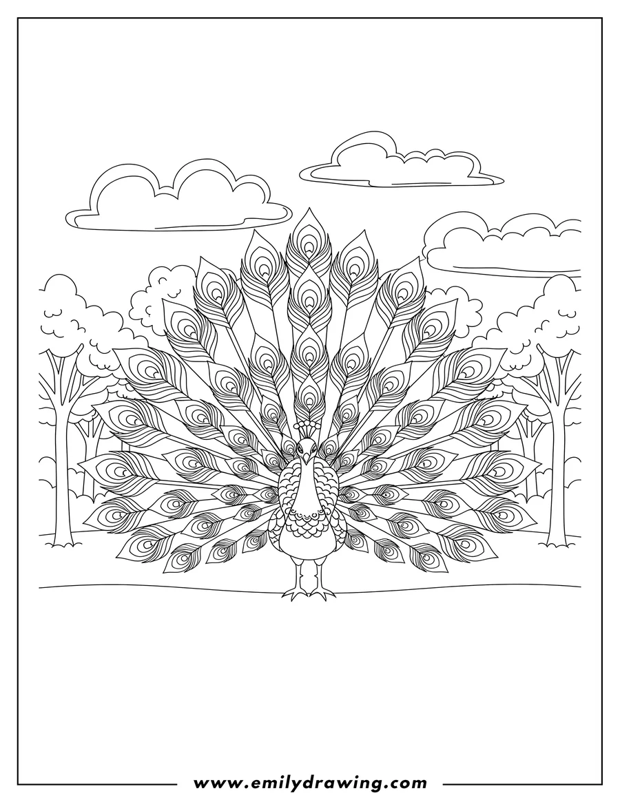 Free to print drawing of majestic Peacock standing with a long fanned tail in a Forest Landscape With Trees And Clouds