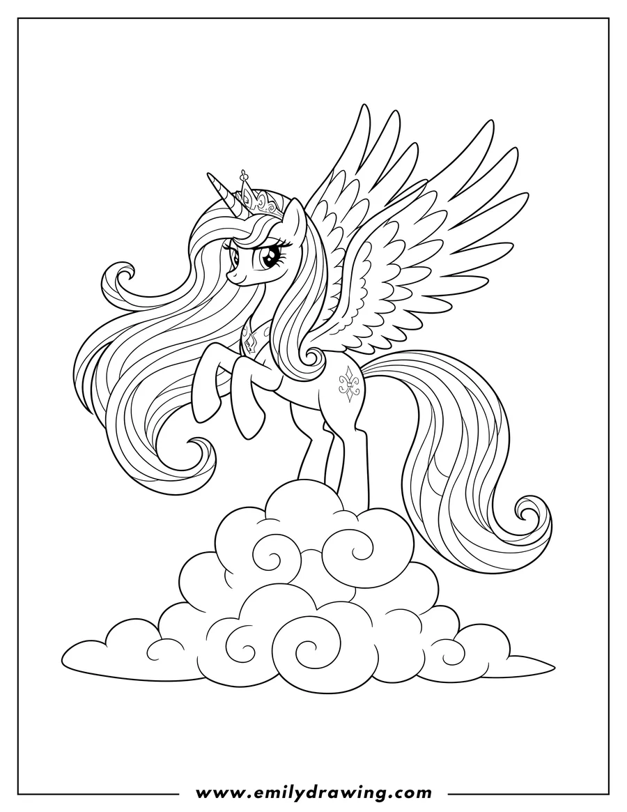 Coloring page of majestic Princess Celestia rearing on clouds with long flowing mane and tail