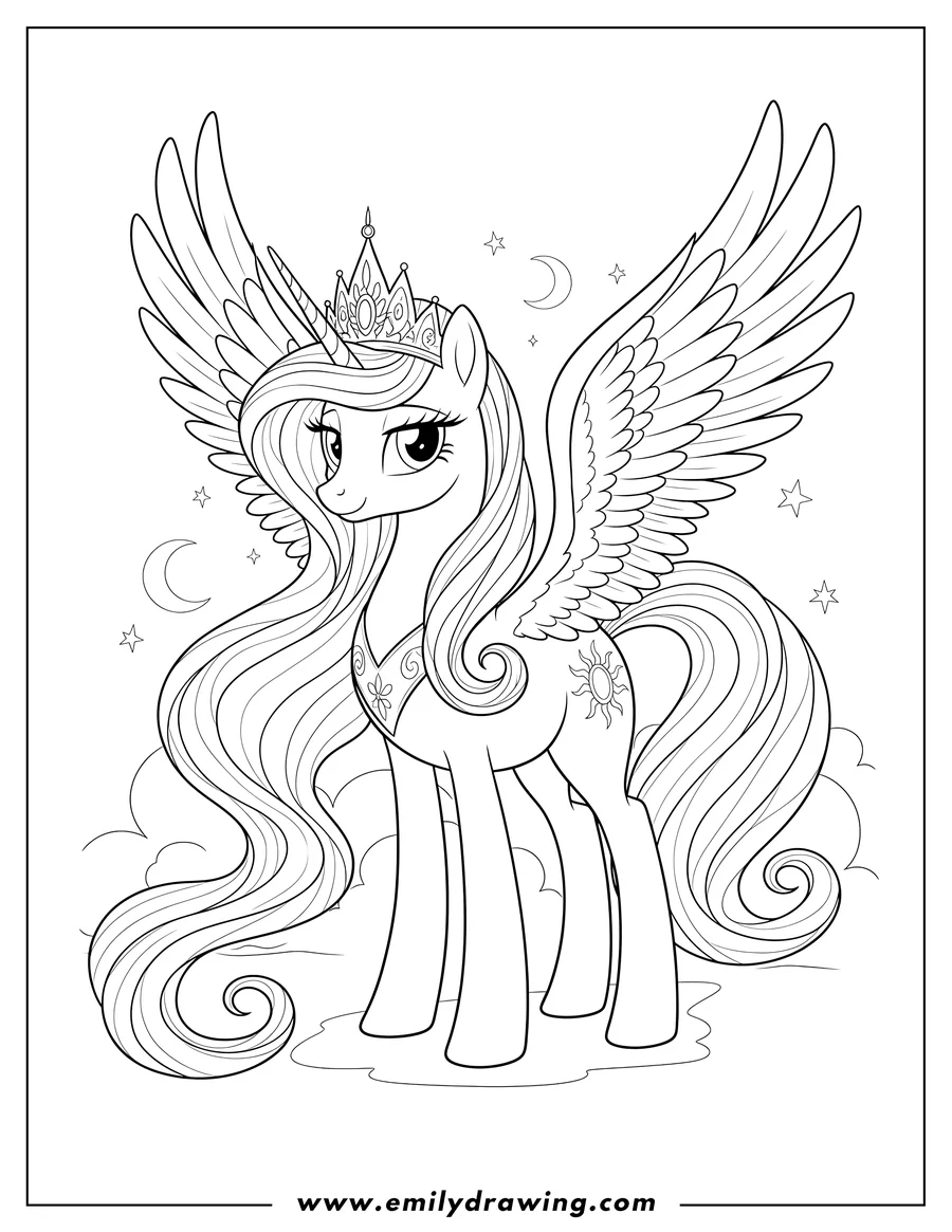 Coloring sheet featuring majestic Princess Celestia with flowing mane, wings, and crown