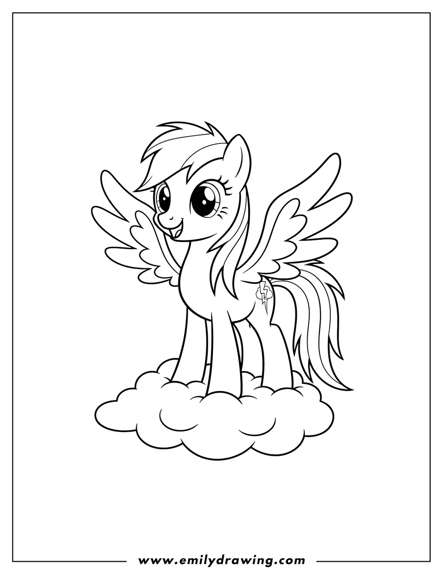 Full page coloring image of majestic Rainbow Dash Pegasus smiling, with lightning bolt cutie mark, on a cloud