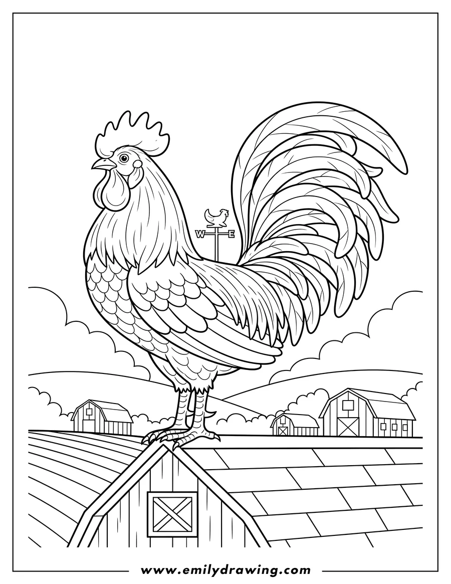 Printable coloring page of majestic Rooster, looking left with a flowing tail, standing proudly on a barn roof overlooking farmland