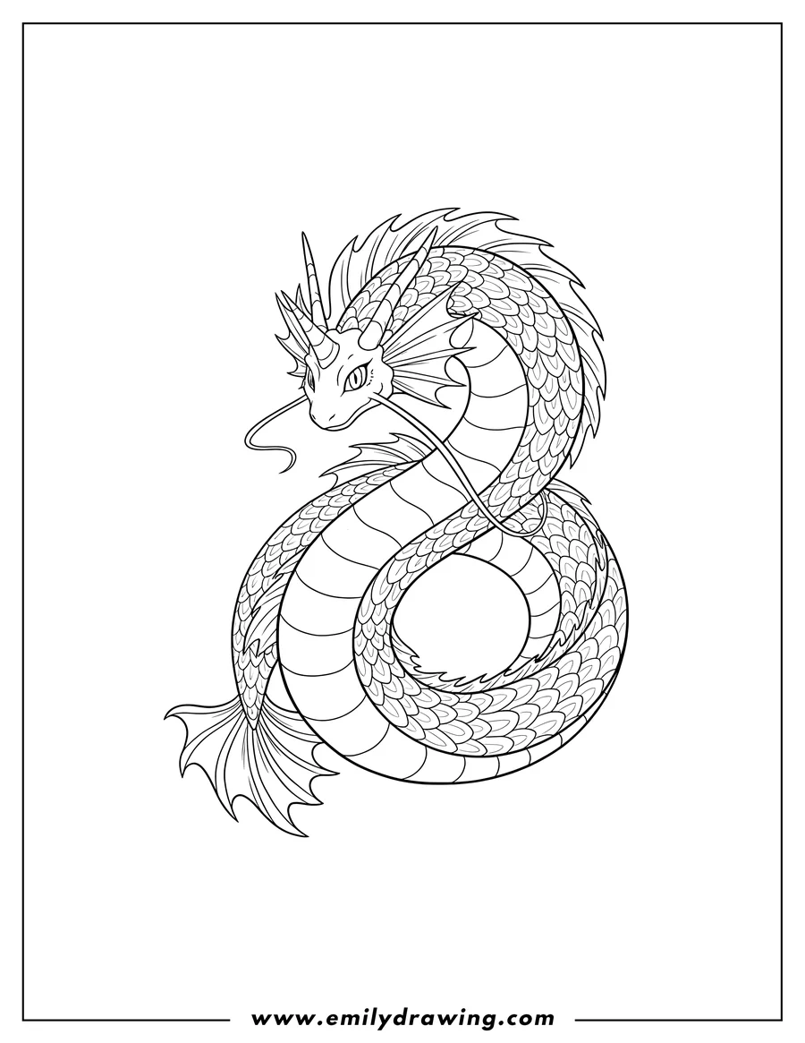 Clean line drawing: majestic Seadramon Digimon, coiled