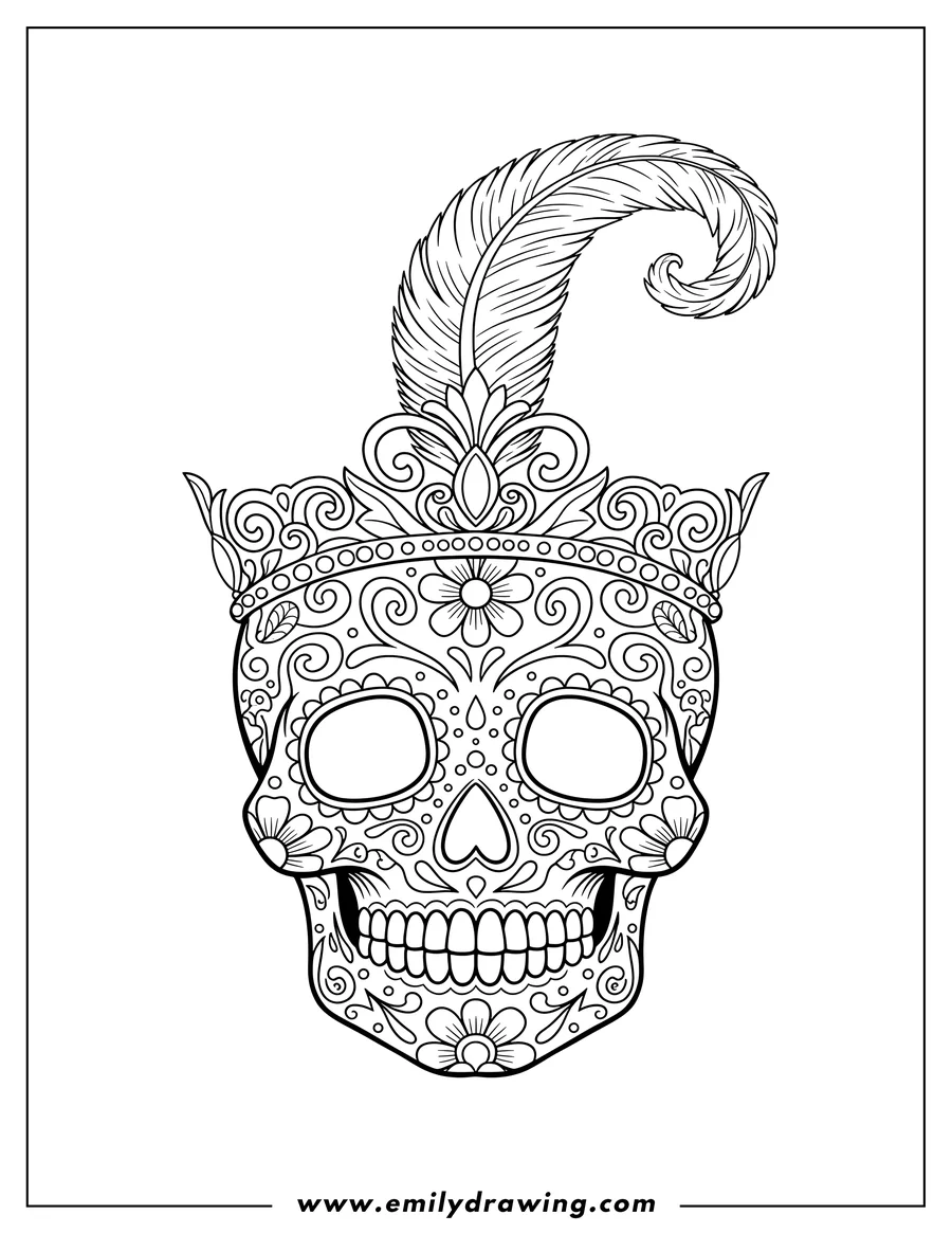 Linear illustration of majestic Sugar Skull with decorative facial patterns, wearing an ornate crown with a central plume