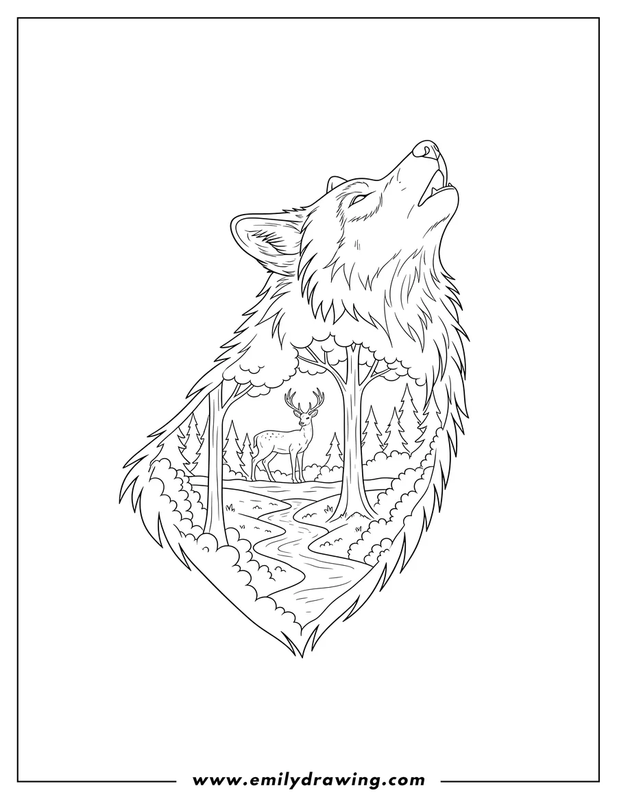 Linear illustration of majestic Wolf Portrait with a forest landscape and a deer filling its silhouette