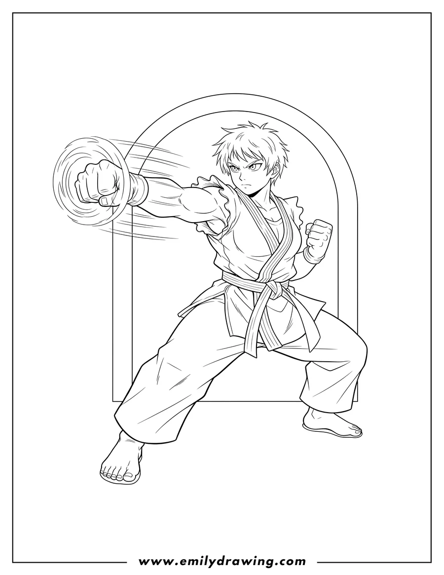Coloring sheet featuring makoto in a martial arts gi, in a powerful stance, punching the air