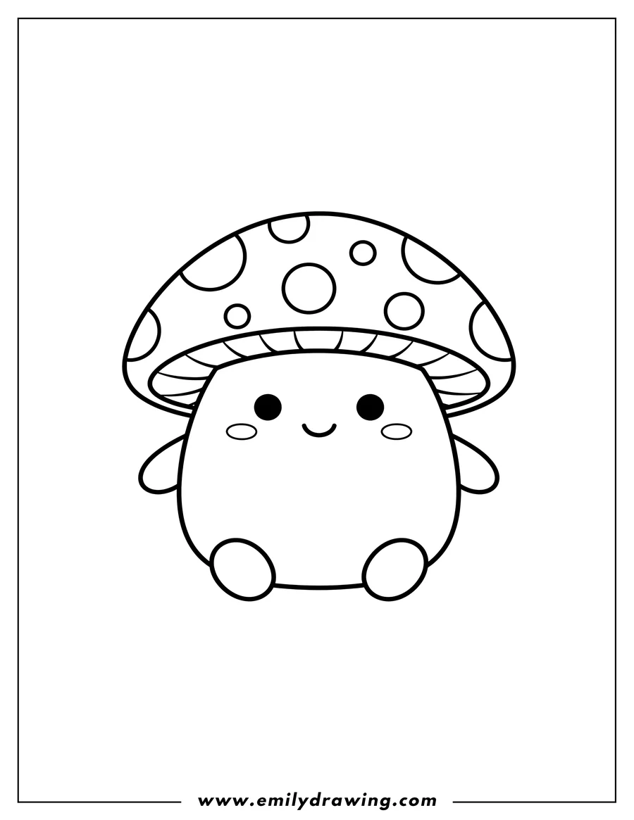 Printable coloring page of malcolm Mushroom Squishmallow with a happy face