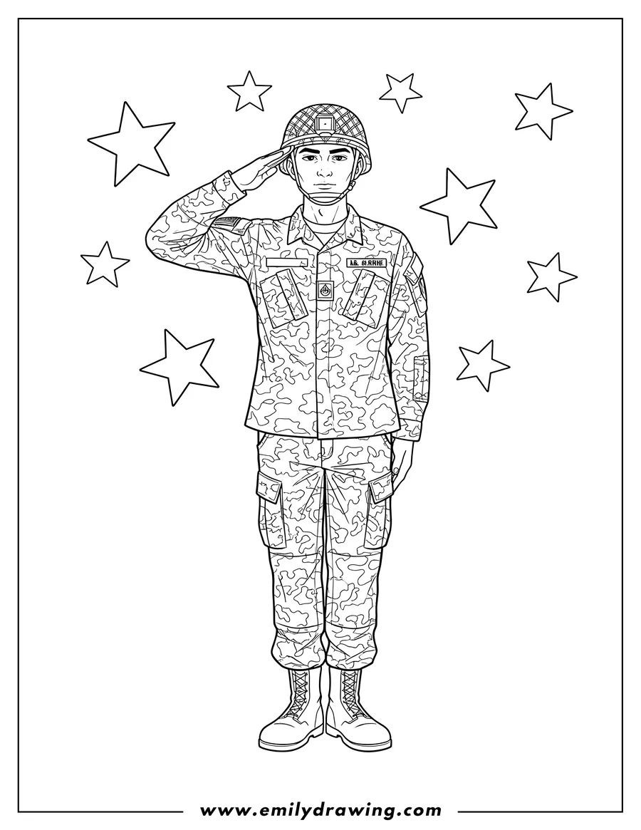 Free printable coloring sheet of male American Soldier Saluting, wearing a camouflage uniform, with Stars Background