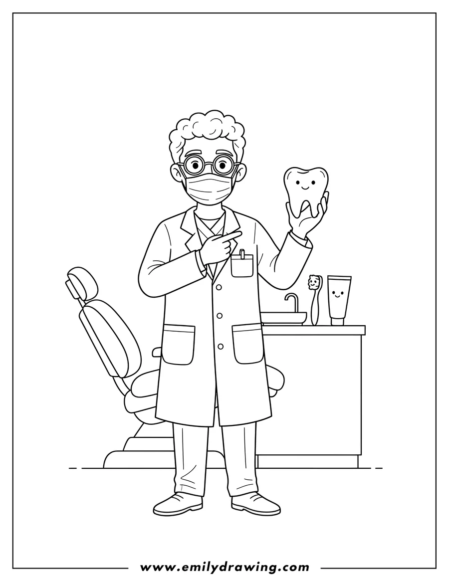 Downloadable coloring page of male Dentist Wearing Facemask, Glasses, and Lab Coat, Holding a Tooth and Pointing