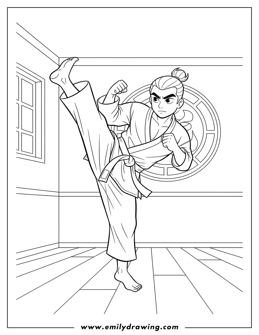 Printable coloring page of A Male Karate Fighter with Top Knot and Raised Fist Performing High Kick in a Traditional Dojo