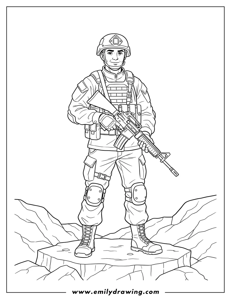 Coloring page of male Soldier wearing a helmet and tactical gear, holding a rifle, standing on rocky terrain