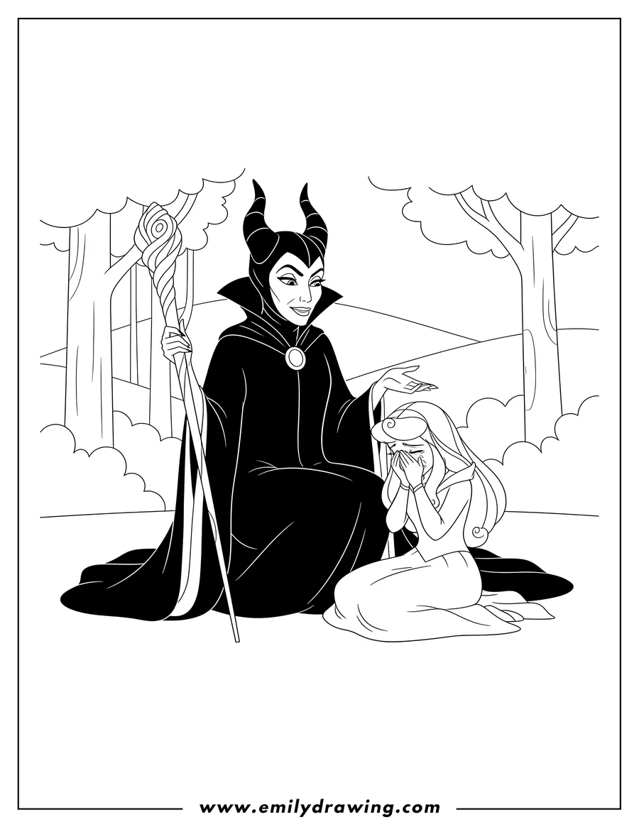 High quality printable maleficent with staff comforting crying Aurora with hands covering her face for coloring