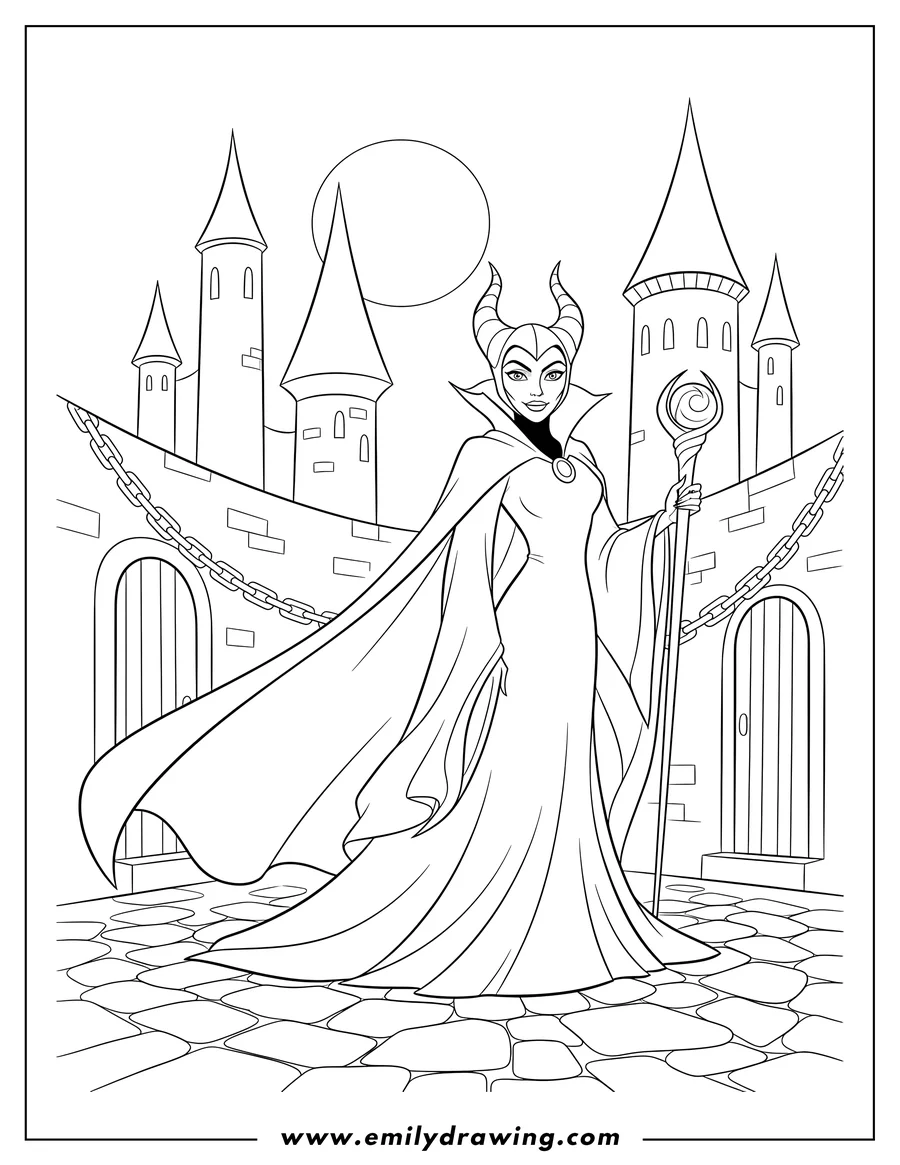 Printable coloring page of maleficent Castle Dungeon Scaled, holding a staff and wearing a flowing cape