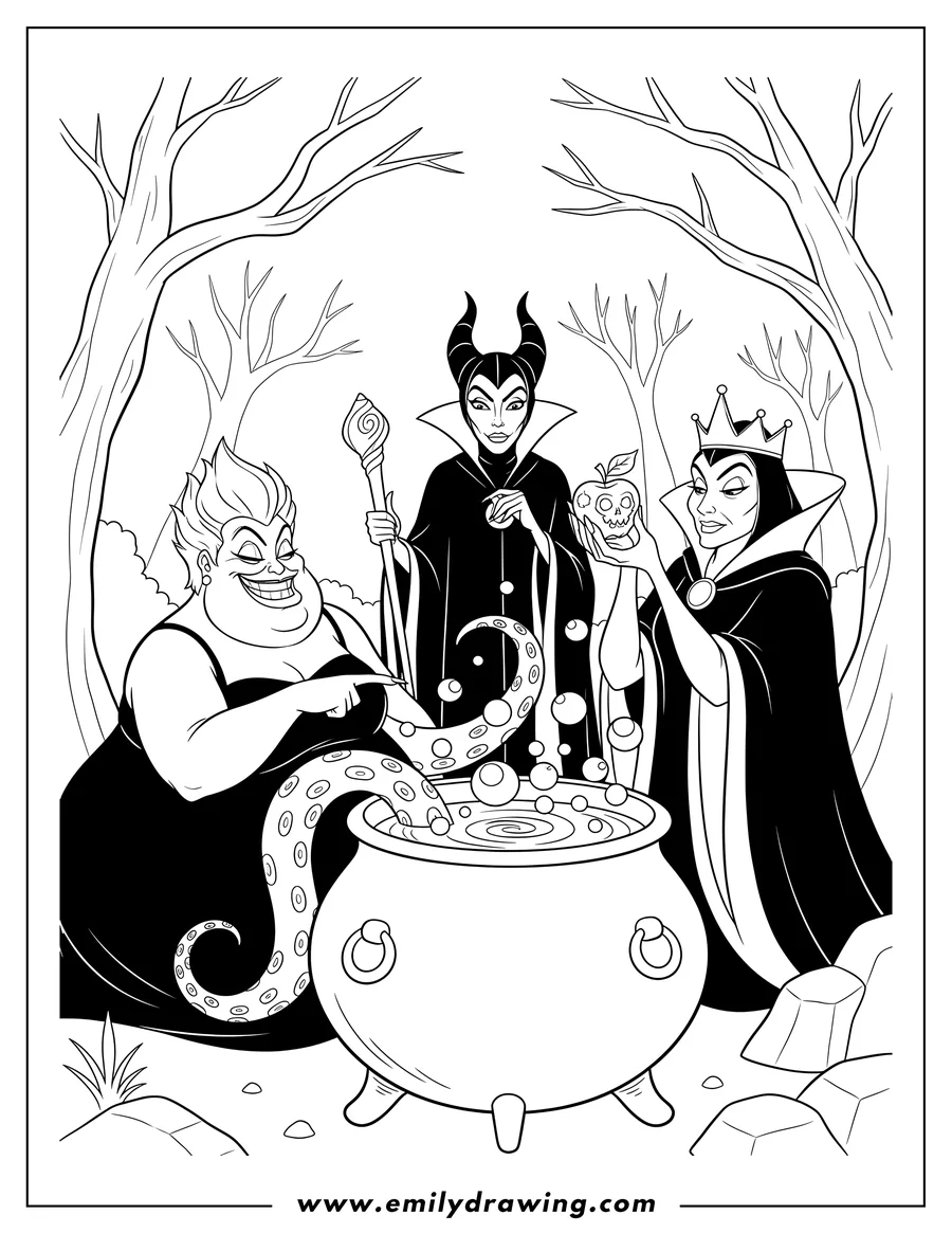 Free to print drawing of maleficent, Ursula, and Queen Grimhilde standing together around a cauldron with a poisoned apple