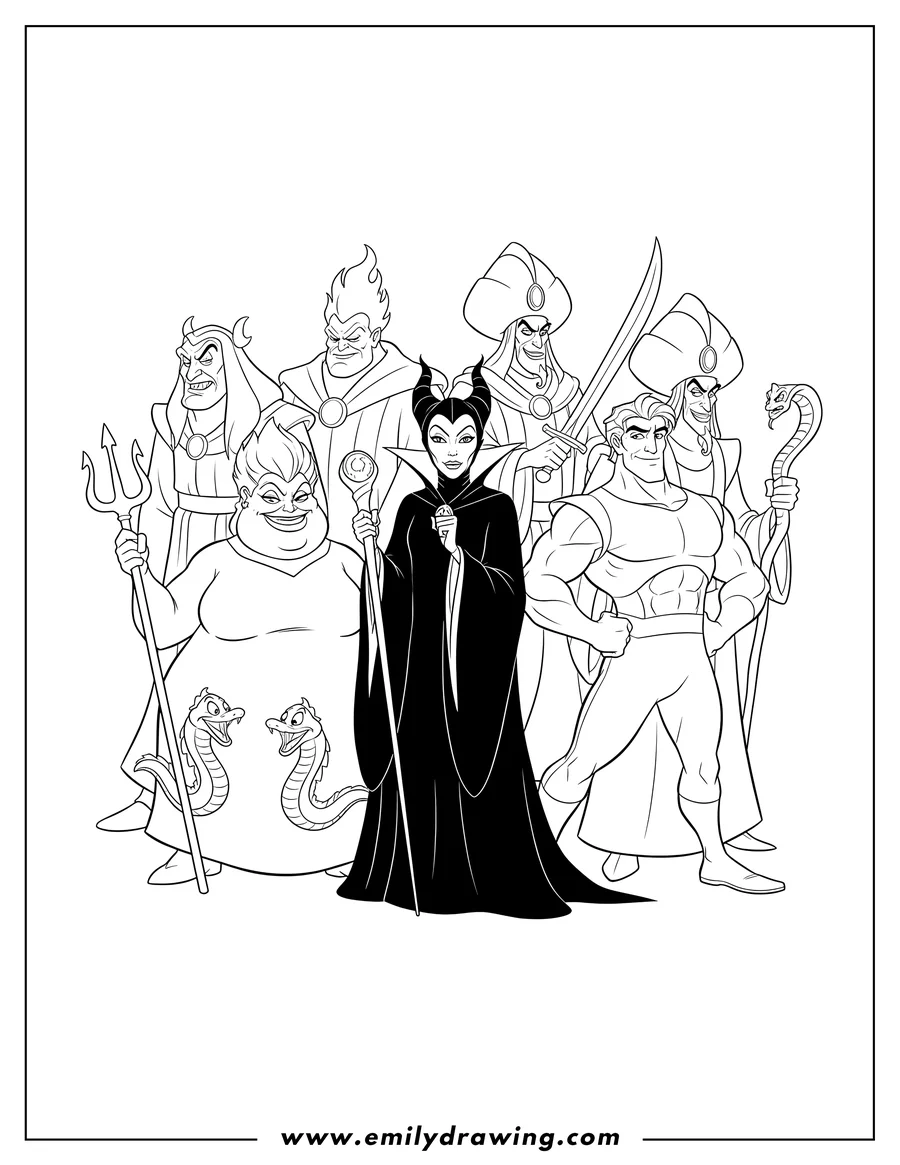Coloring sheet featuring disney Villains Maleficent Ursula Gaston Hades Claude Shan Yu and Jafar gathered, Maleficent holding her staff, Ursula with her trident and eel