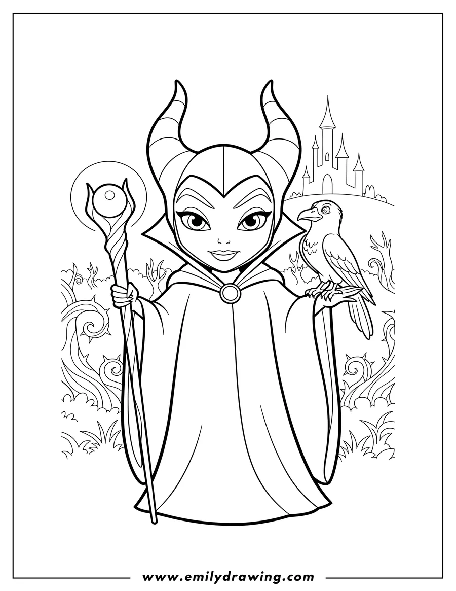Doodle style coloring picture of maleficent From Sleeping Beauty Scaled, with her raven on her shoulder, holding her staff