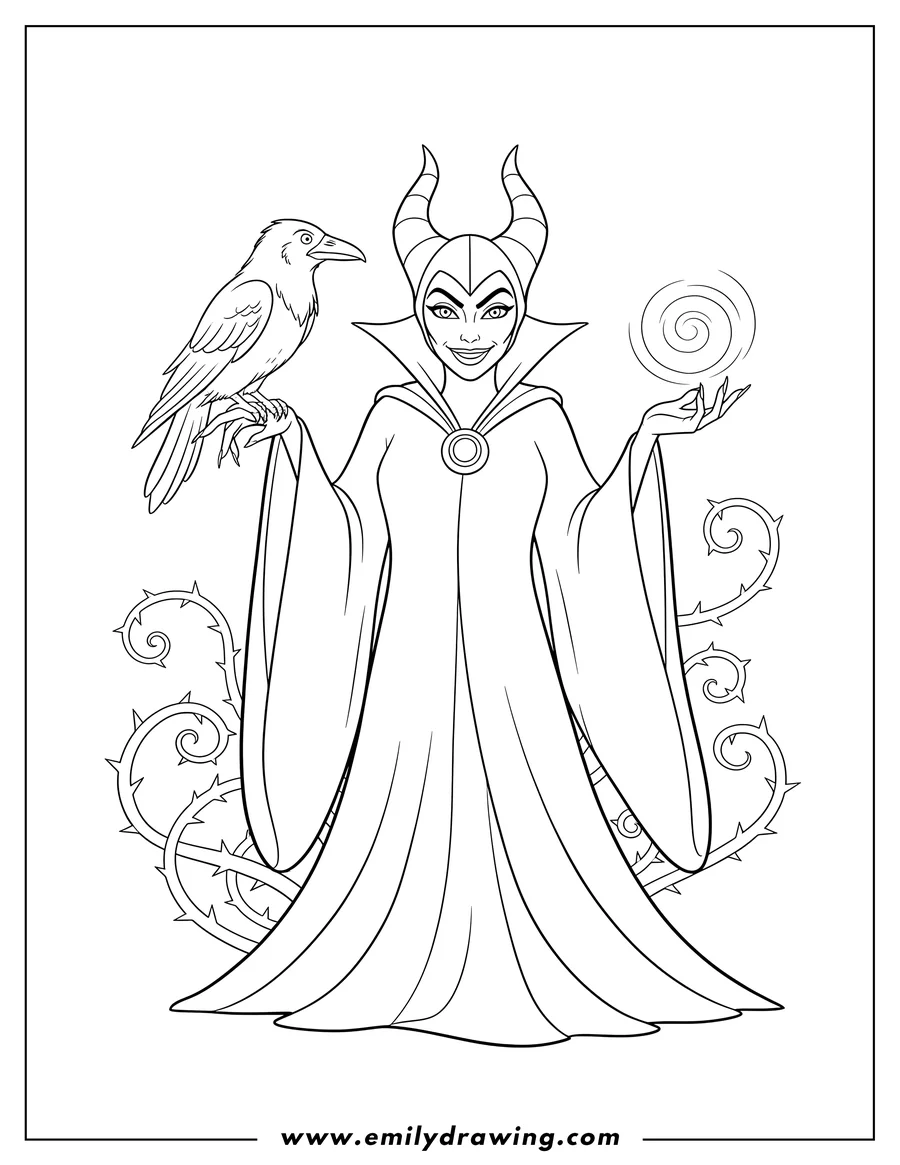 Outline drawing of maleficent Disney with raven and orb