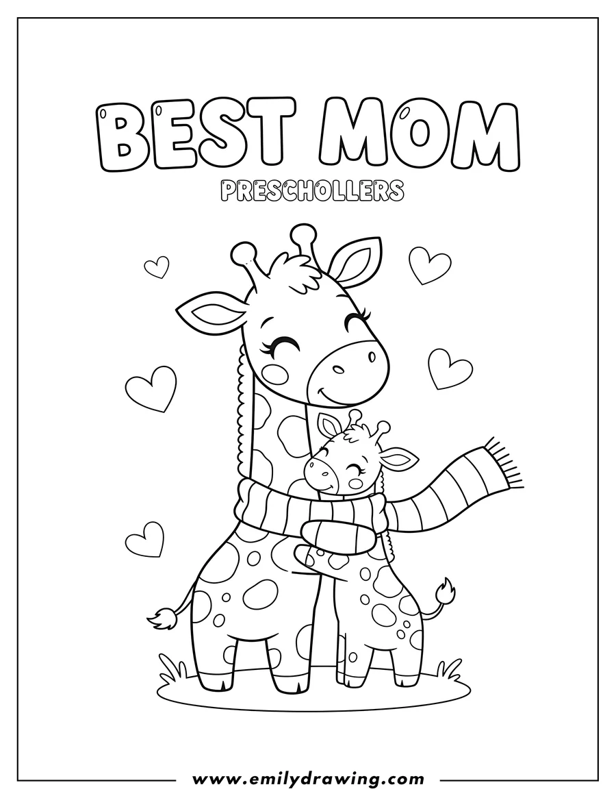Black and white line art of cartoon Mama And Baby Giraffe Hugging With Shared Scarf Under Best Mom Words Preschoolers