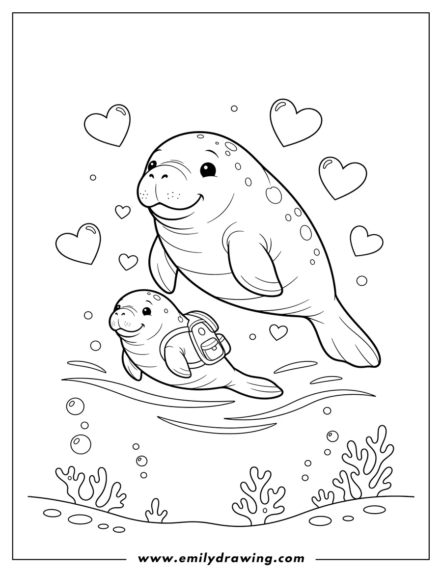 Downloadable coloring page of mama and Baby Manatee Preschoolers swimming together with hearts