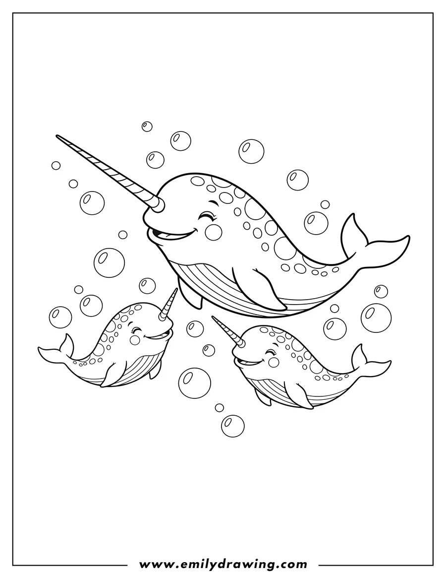 Coloring page for kids: mama and two baby narwhals, smiling and spotted, surrounded by bubbles