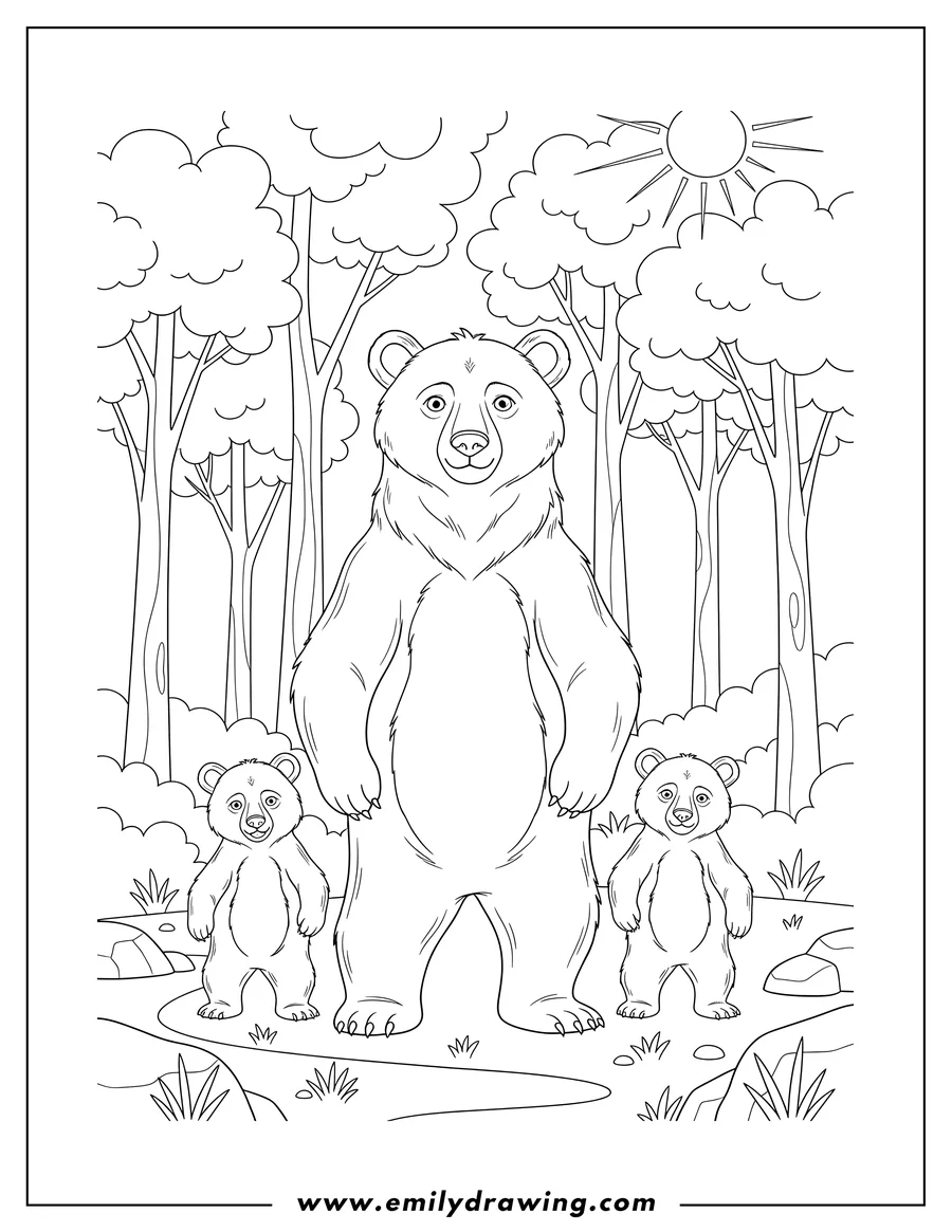 Linear illustration of mama Bear standing tall, with her two cubs walking on each side, in a forest