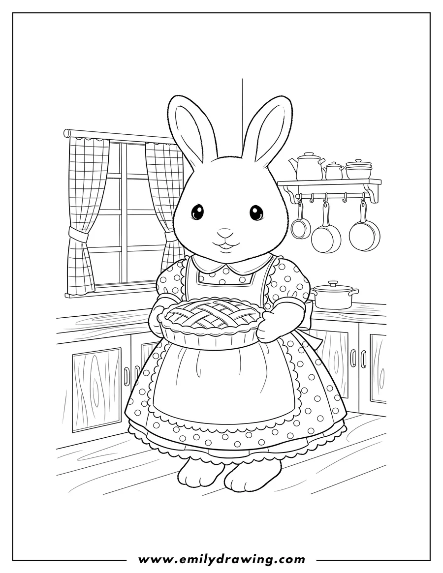 Downloadable coloring page of mama Chocolate Rabbit in a polka-dot dress holding a pie dish in a kitchen