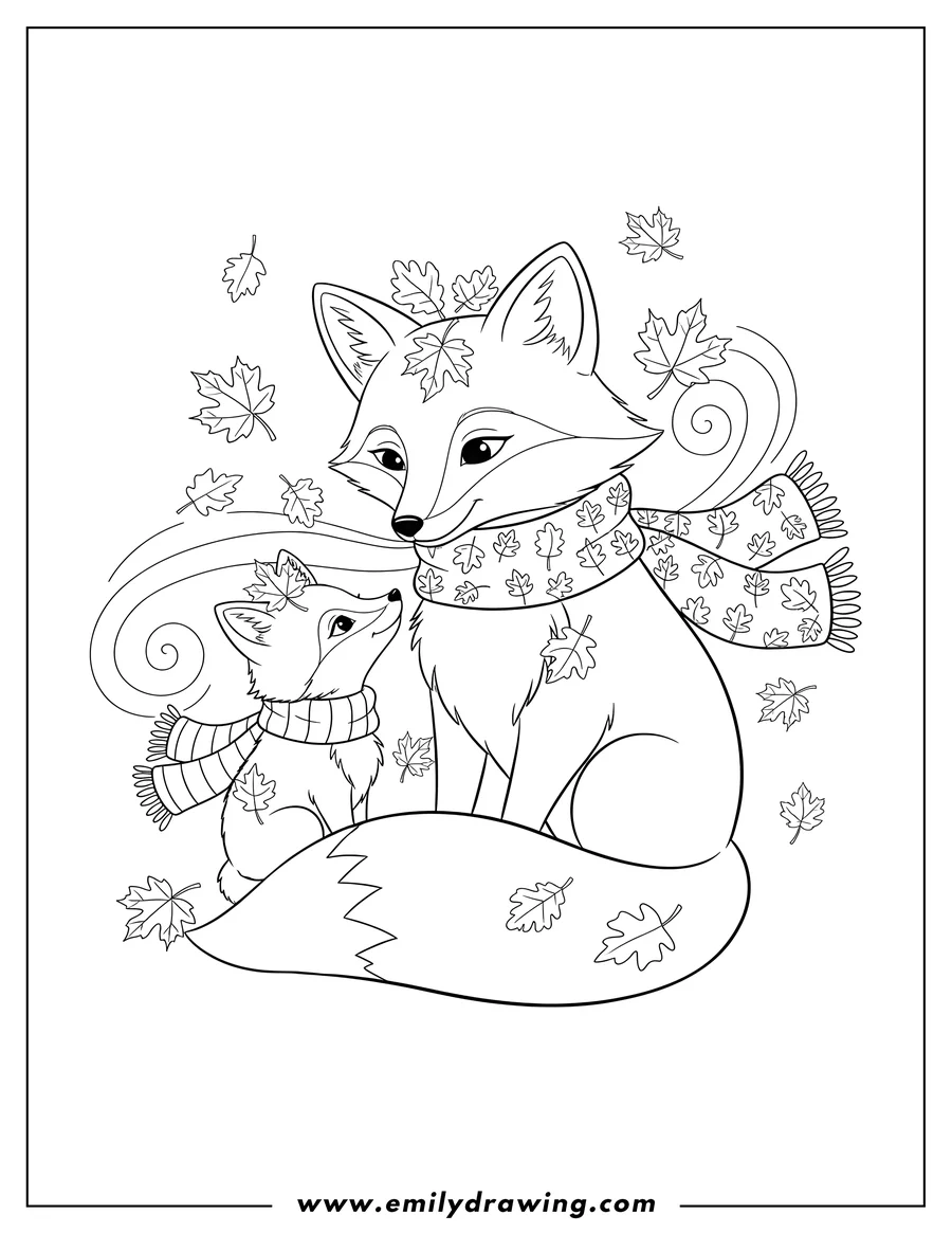 Coloring page of mama Fox and Baby Fox Wearing Scarves in Fall, with the baby looking up at the mama, and autumn leaves on their heads