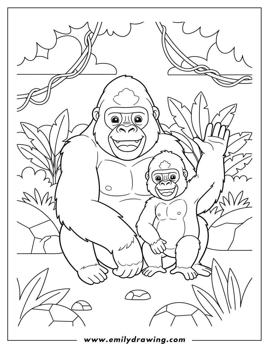 Clean line drawing: mama Gorilla and baby gorilla smiling, with baby waving, in a forest