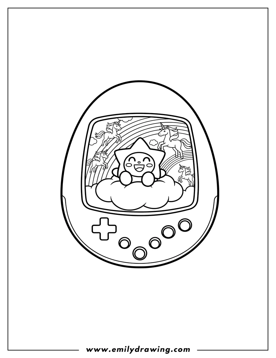 Black and white line art of mametchi sitting on a cloud with rainbows and flying unicorns inside a Tamagotchi Console