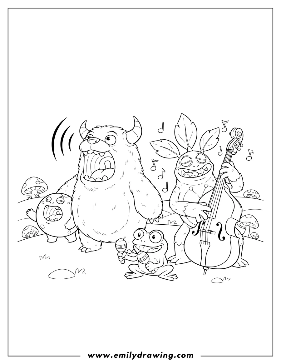Simple sketch of my Singing Monsters Mammott singing loudly, Maw, Bowgart playing music, and Fwog to color