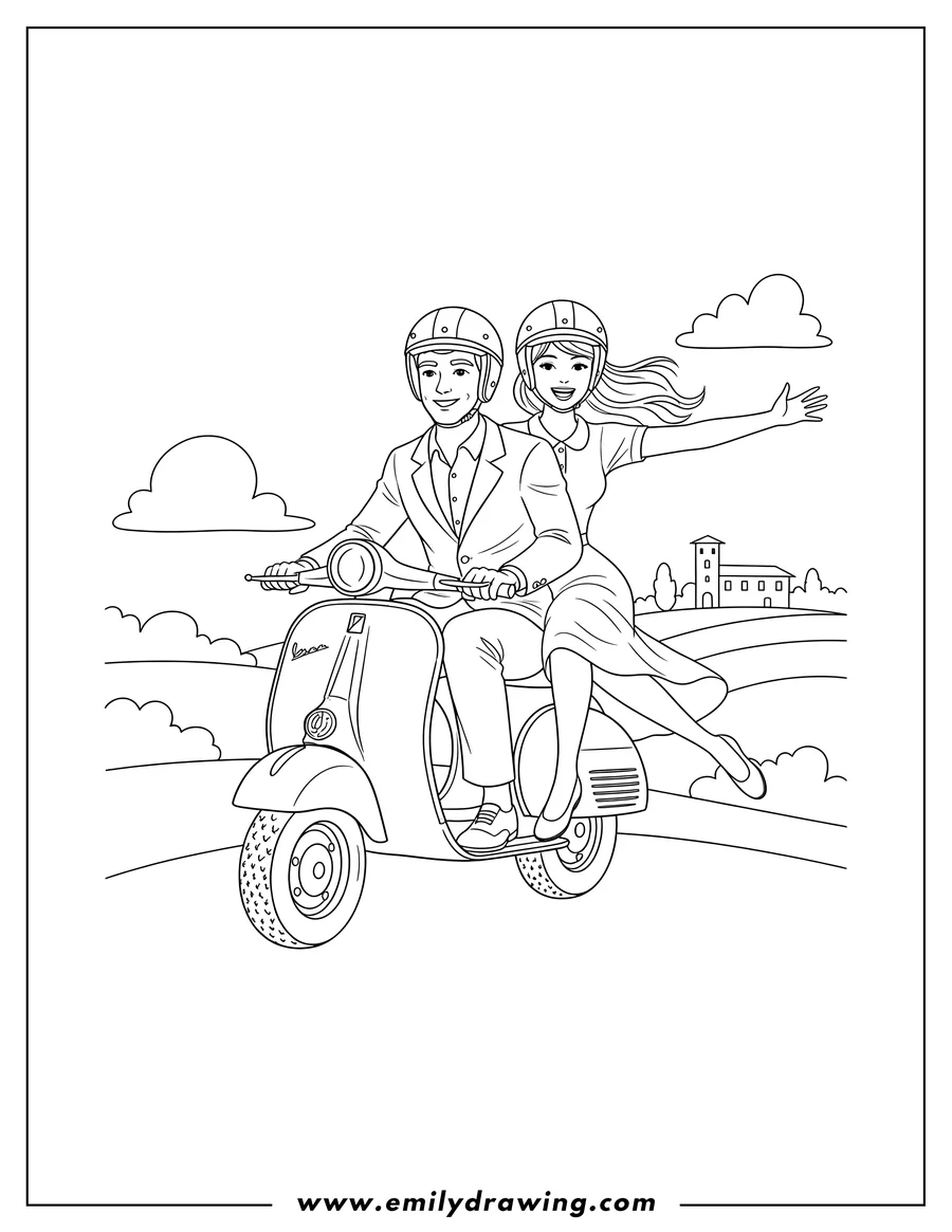 Coloring sheet featuring man And Woman Riding Vespa Vintage, man driving, woman smiling with arm outstretched