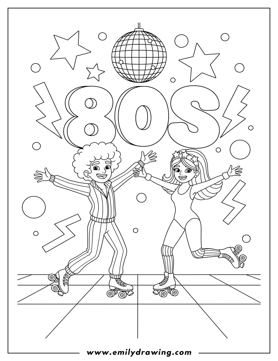 Printable line art of man and Woman roller skating with outstretched arms at an 80s roller disco