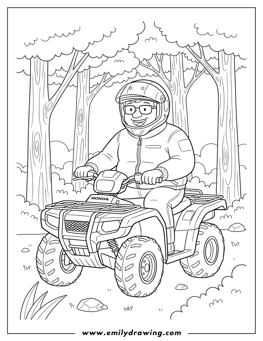 Coloring sheet featuring man driving a Honda Foreman ATV in a forest, wearing a helmet and glasses, with an open mouth