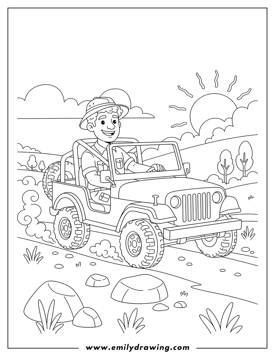 Clean line drawing: man driving open-top Jeep off road, wearing a seatbelt