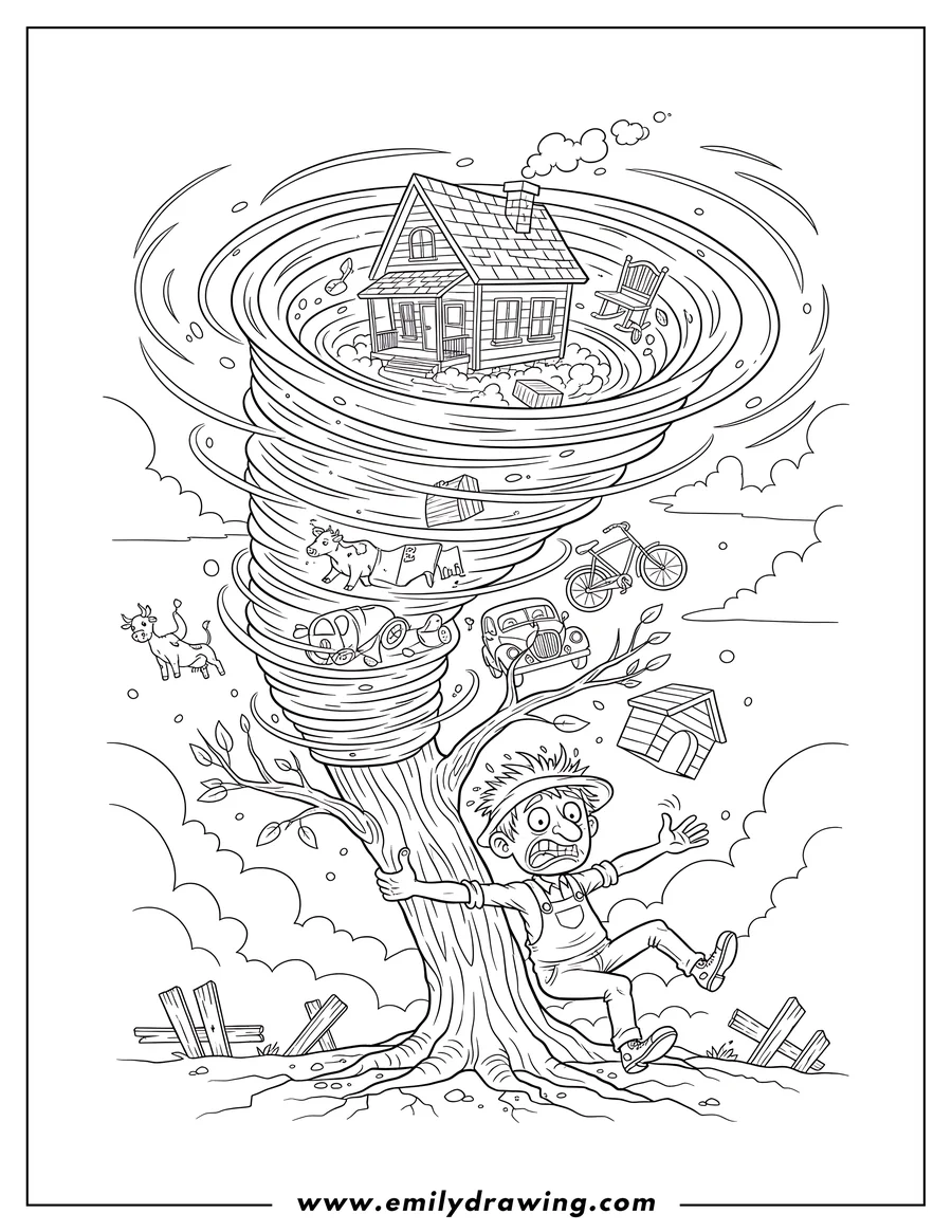 Line art of a man in overalls holding onto a large tree trunk as a massive tornado spins around, lifting a house, car, cow, and other objects into the air.
