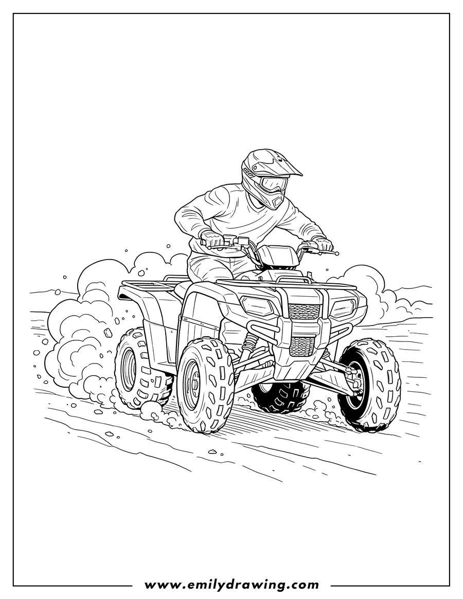 Free printable coloring sheet of man in helmet driving Honda Trx Atv, kicking up dust