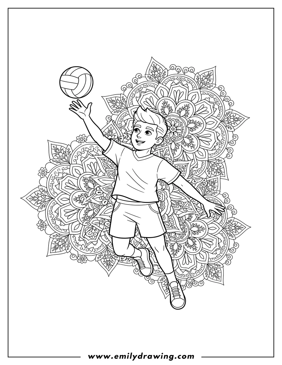 Simple sketch of man jumping to spike a volleyball, with mandalas to color