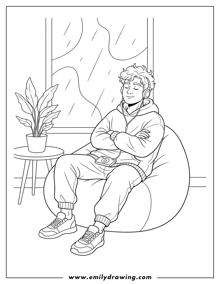 Line art of a man with curly hair listening to music with headphones, sitting on a bean bag chair by a window where rain is falling. A potted plant is on a small table beside him.