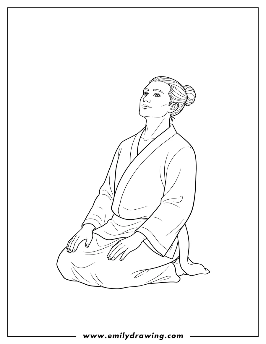 Coloring page of man Meditating in Kneeling Yoga Pose, Looking Up