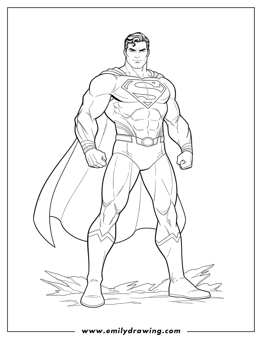 Coloring sheet featuring man of Steel Superman standing, looking determined