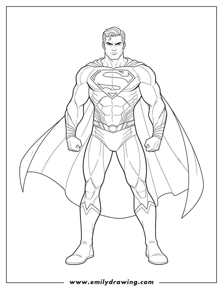 Linear illustration of man Steel Superman Scaled, standing, serious expression, with cape
