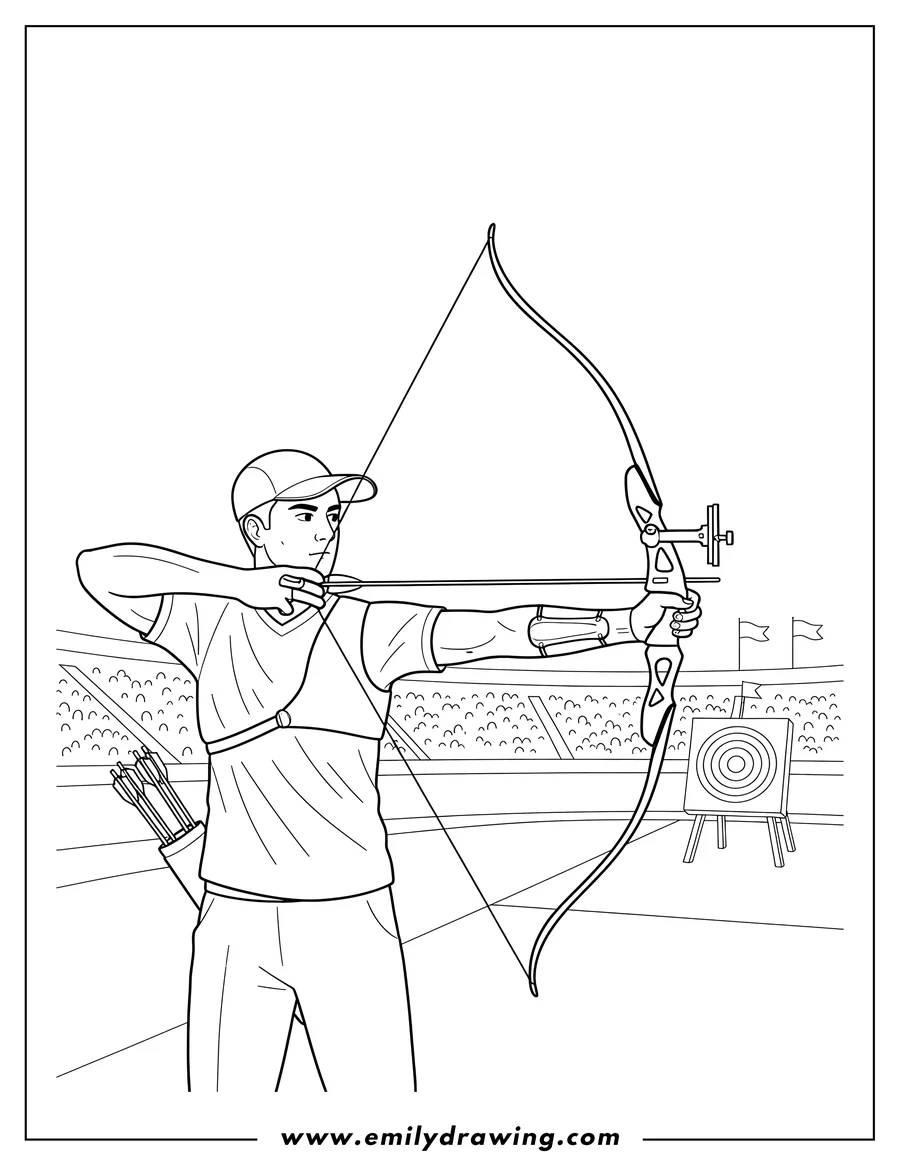 Outline drawing of man Olympics Archery Competition, drawing a bow, aiming