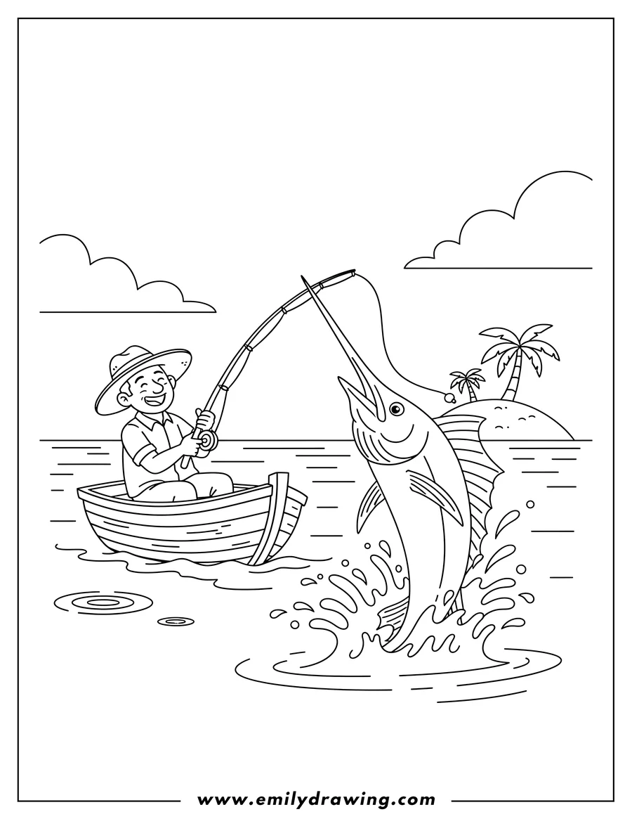 PDF style coloring page: man in a boat reeling in a massive fish jumping out of the water